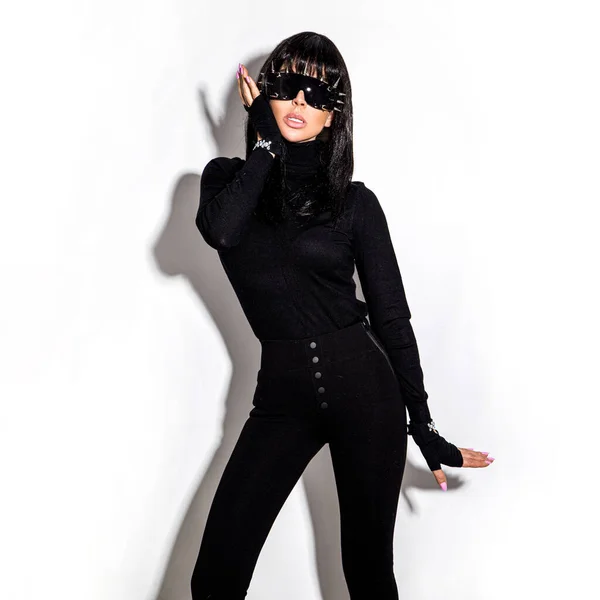 Vysoce Módní Vzhled Glamour Stylový Krásný Mladý Model Černém Oblečení — Stock fotografie