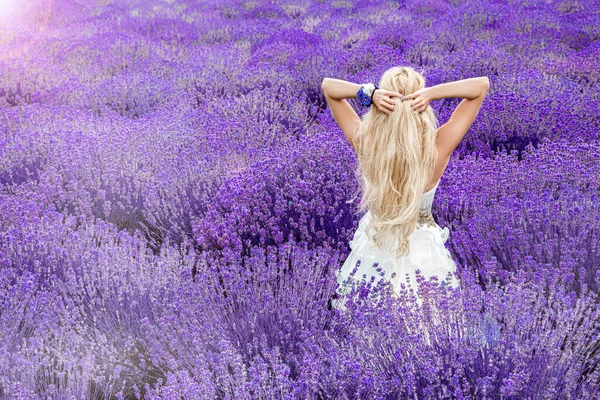 Prachtige Bruid Trouwdag Lavendelveld Pasgetrouwde Vrouw Lavendelbloemen Jonge Vrouw Trouwjurk — Stockfoto