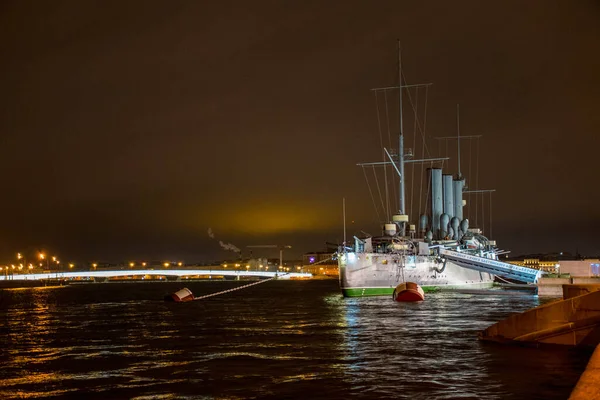 Russian Cruiser Aurora Russian Protected Cruiser Night Famous Landmark Now — Stock Photo, Image