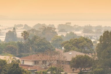 Sydney, Avustralya. 2019-12-04 Avustralya çalı ateşi: Çalı yangınlarından çıkan duman sarı gökyüzünü kaplıyor. Duman bulutu içindeki bir banliyöde. Çalıateş krizi, Nsw, Avustralya