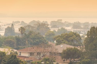 Sydney, Avustralya. 2019-12-04 Avustralya çalı ateşi: Çalı yangınlarından çıkan duman sarı gökyüzünü kaplıyor. Duman bulutu içindeki bir banliyöde. Çalıateş krizi, Nsw, Avustralya