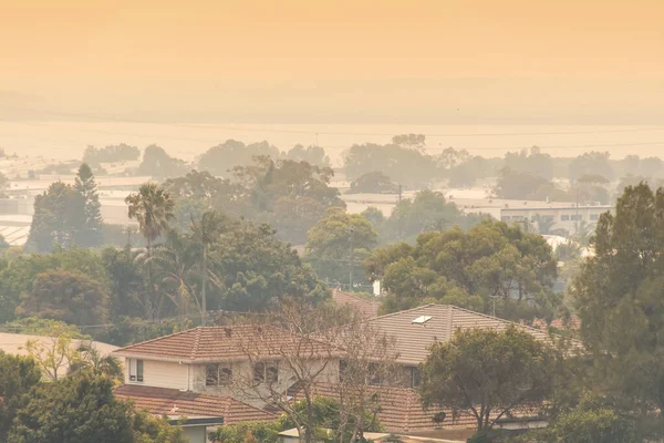 Sydney, Ausztrália. 2019-12-04 Ausztrál bozóttűz: A bozóttüzek füstje borítja a sárga eget. A külvárosban füstfelhő van. Bushfire-válság, Nsw, Ausztrália — Stock Fotó