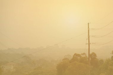 Çalı yangınlarından yükselen duman gökyüzünü kaplıyor ve dumanın içinden zar zor görünen parlayan güneş. Duman bulutu içindeki bir banliyöde. Nsw, Avustralya
