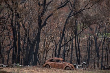 Balmora, Australia - 2020-01-25 Australian bushfire aftermath: Burnt car remains at Balmoral Village, Australia clipart