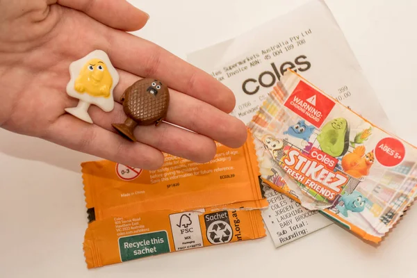 Sydney, Australia 14-02-2020 Coles new promotion Stikeez Fresh Friends starts in February. After many claims about plastic packaging, Coles made it recyclable. — Stock Photo, Image
