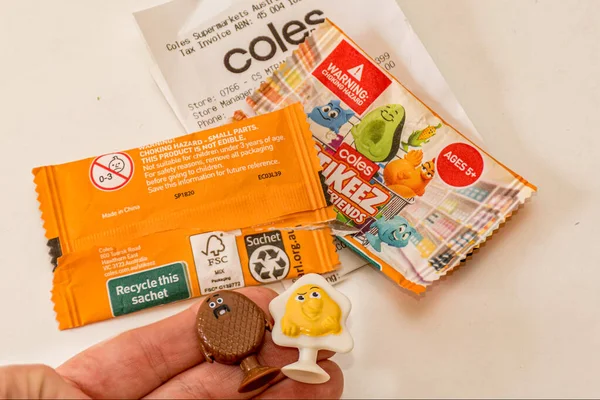 Sydney, Australia 14-02-2020 Coles new promotion Stikeez Fresh Friends starts in February. After many claims about plastic packaging, Coles made it recyclable. — Stock Photo, Image