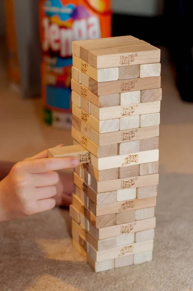 Stay Home Coronavirus Concept Hands Playing Wooden Block Jenga Game — Stock Photo, Image