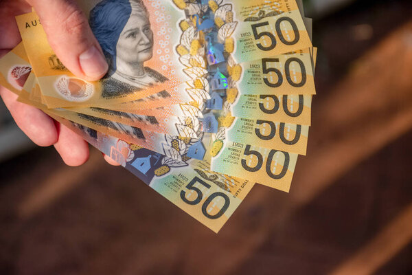 Hands Holding Australian Dollars Banknotes Make Payment — Stock Photo, Image