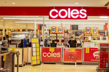 Sydney, Australia 2020-04-27: Exterior view of Coles supermarket during the COVID-19 pandemic clipart