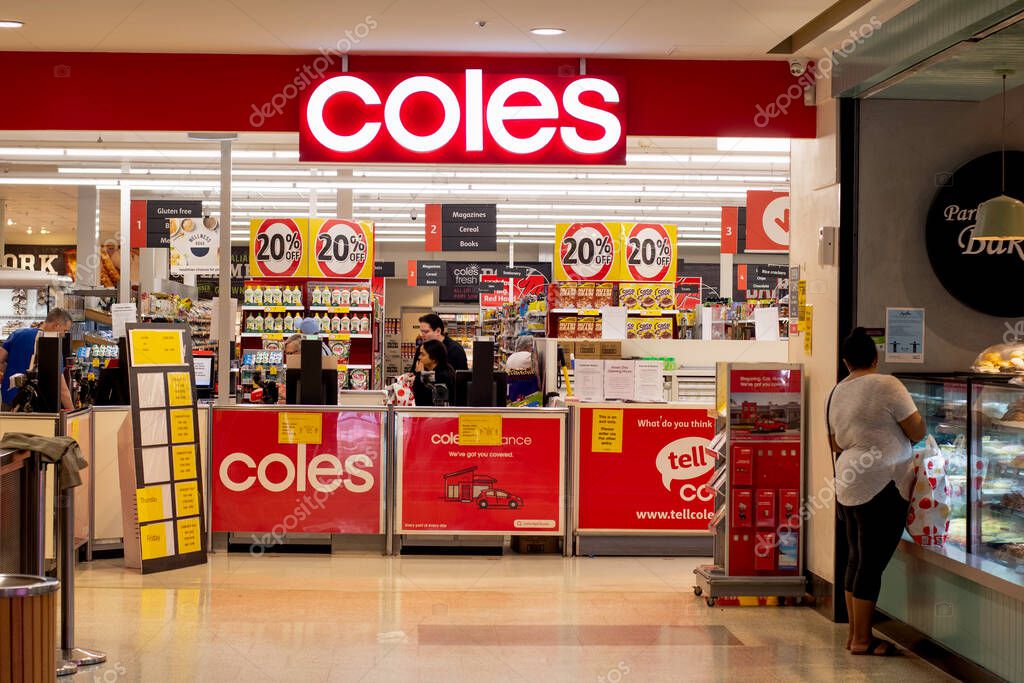 Sydney, Australia 2020-04-27: Exterior view of Coles supermarket during the COVID-19 pandemic