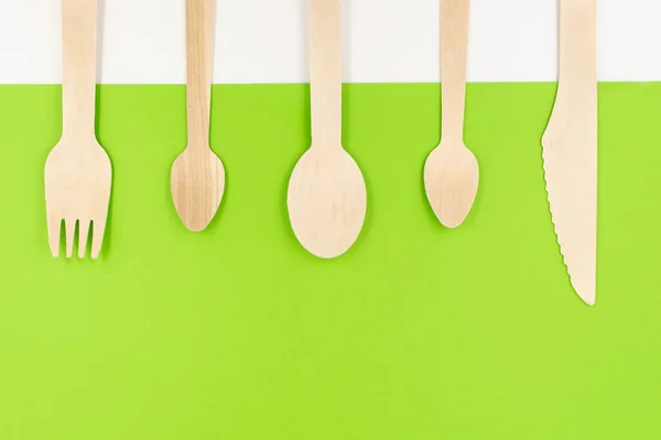 Eco Friendly Disposable Cutlery Utensils Green Background Bamboo Wooden Fork — Stock Photo, Image