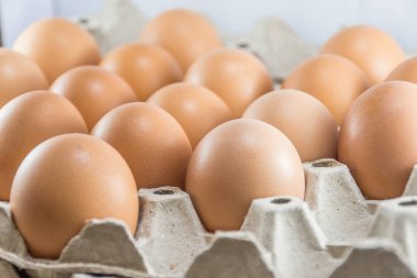 Karton kutuda kahverengi tavuk yumurtası.