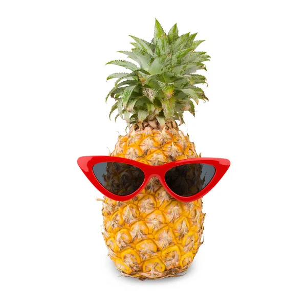Pine Apple Wearing Red Sunglass Isolated White Background Clipping Path — Stok fotoğraf