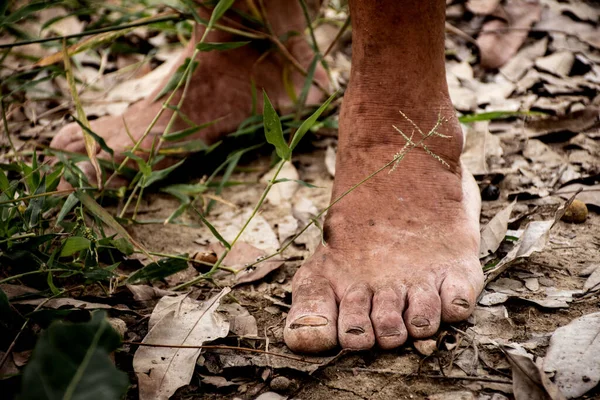 Dirty foot of farmer on the ground.