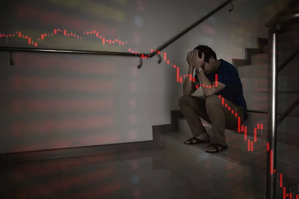 Asian Businessman Stress Fail Stock Market Crash Fall Trend Economic — Stock Photo, Image