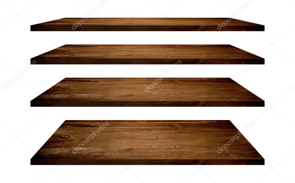 Wood shelves table top collection isolated on white background. Clipping path include in this image. Copy space for your display or montage product design.