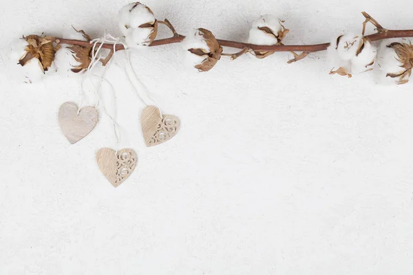 Wooden hearts handing on cotton flower on white background. copy space flat lay top view — 스톡 사진