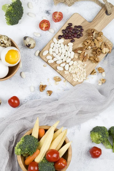 Cibo Ricco Biotina Cibo Uova Pomodoro Noci Fagioli Mais Broccoli — Foto Stock