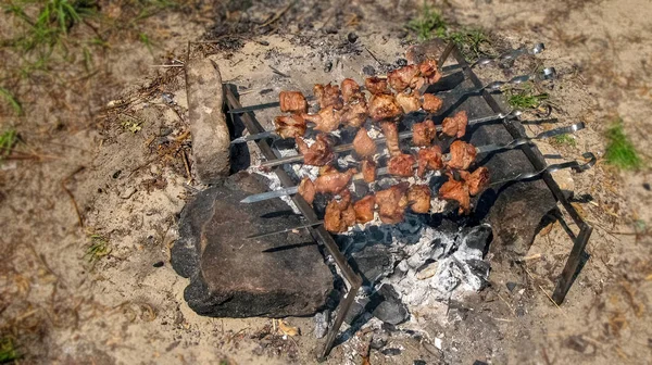 Cooking barbecue on corners in nature — Stock Photo, Image