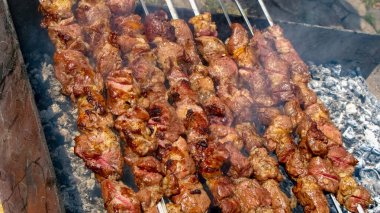 Aile yemeği için arka bahçede barbeküde et pişirmek.