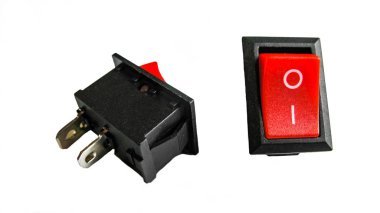 Beyaz arka planda kırmızı düğmeler. Elektrik kontrol düğmeleri.