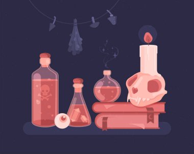 Bir grup cadı. Sihirli iksirler, cadı kitapları, mumlar, kafatasları, tütsüler, kurutulmuş mantarlar ve bitkiler. Düz vektör illüstrasyonu.