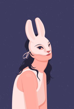 Maskeli balo için tavşan maskesi takmış beyaz elbiseli tatlı bir kız. Düz vektör illüstrasyonu.