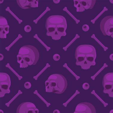 Kafatasları kusursuz. Farklı açılardan mor kafatasları, yalnız sihirli bir göz ve kemik. Düz vektör illüstrasyonu.