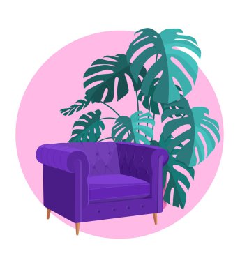 İskandinav tarzı iç vektör parçası. Art Nouveau koltuğu ev bitkileriyle çevrili. Canavar bitkisi. Rahatlık ve rahatlık.