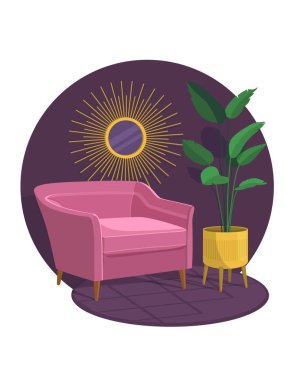 İskandinav tarzı iç vektör parçası. Art Nouveau koltuğu ev bitkileriyle çevrili. Art Deco Ayna. Rahatlık ve rahatlık.
