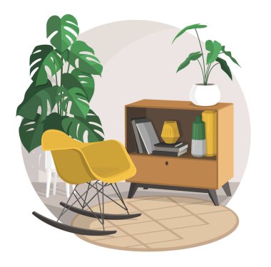 İskandinav tarzı iç vektör parçası. Art Nouveau tarzında kitap ve vazoların olduğu bir sehpanın yanındaki koltukta. Yuvarlak halı ve daire şeklinde. Canavar bitkisi..