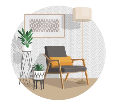 İskandinav tarzı iç vektör parçası. Art Nouveau tarzında lambanın yanında yastıklı koltuk. Küçük masalarda bitkiler. Duvardaki soyut resim.