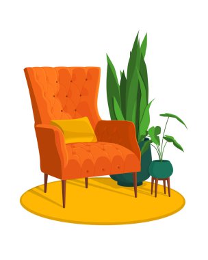 İskandinav tarzı iç vektör parçası. Ev bitkileriyle çevrili Art Nouveau koltuğu. Rahatlık ve rahatlık.