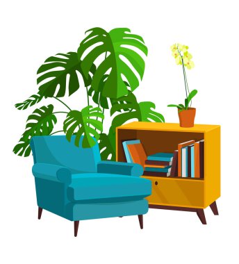 İskandinav tarzı iç vektör parçası. Art Nouveau koltuğu kitaplarla dolu bir sehpanın yanında. Bitki orkidesi. Rahatlık ve rahatlık.