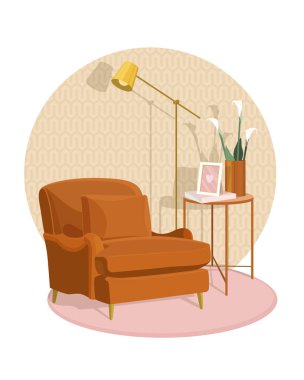 İskandinav tarzı iç vektör parçası. Art Nouveau koltuğu, sehpanın yanında ve Art Deco lambası. Kalla çiçekli vazo. Rahatlık ve rahatlık.