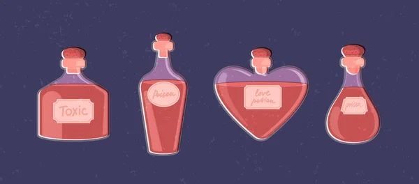 Conjunto Mágico Botellas Bruja Con Poción Veneno Ilustración Vectorial Plana — Archivo Imágenes Vectoriales