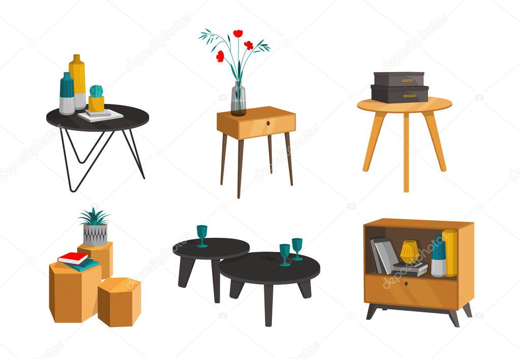 Scandinavian style set vector elements. Different types of coffee tables, bedside table for the living room in modern style.