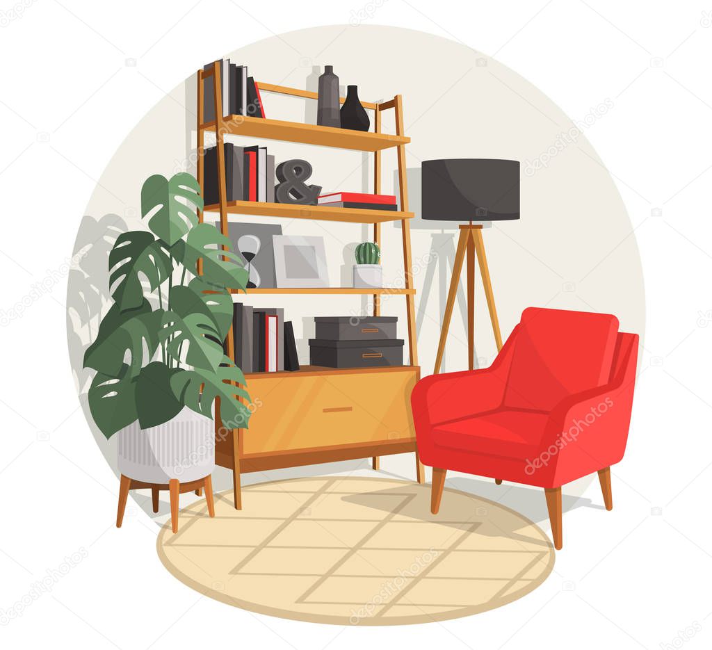 Scandinavian style interior vector fragment. An armchair next to a bookcase full of books and decorations, and an Art Nouveau floor lamp in the back. A large flower and cactus in a pot. Round carpet.