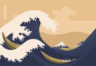 Fuji Dağı 19. yüzyıl Japon stili tahta baskı vektör illüstrasyonlu büyük dalga. Düz minimalizm. Katsushiki Hokusai 'den ilham aldım..