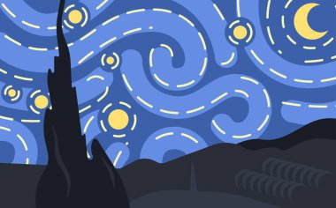 Starlight Gecesi. Vincent van Gogh 'un ilham kaynağı. Soyut sanat, düz vektör boyama. 