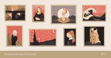 8 vektör boyama seti, düz minimalizm. Dali, da Vinci, Botticelli, Hokusai, Munch, Van Gogh, Vermeer ve Klimt 'ten esinlenilmiştir..