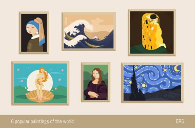Düz minimalizm içeren 6 vektör tablosu. Vermeer, Hokusai, Klimt, Botticelli, da Vinci ve Van Gogh 'dan esinlenilmiştir.. 
