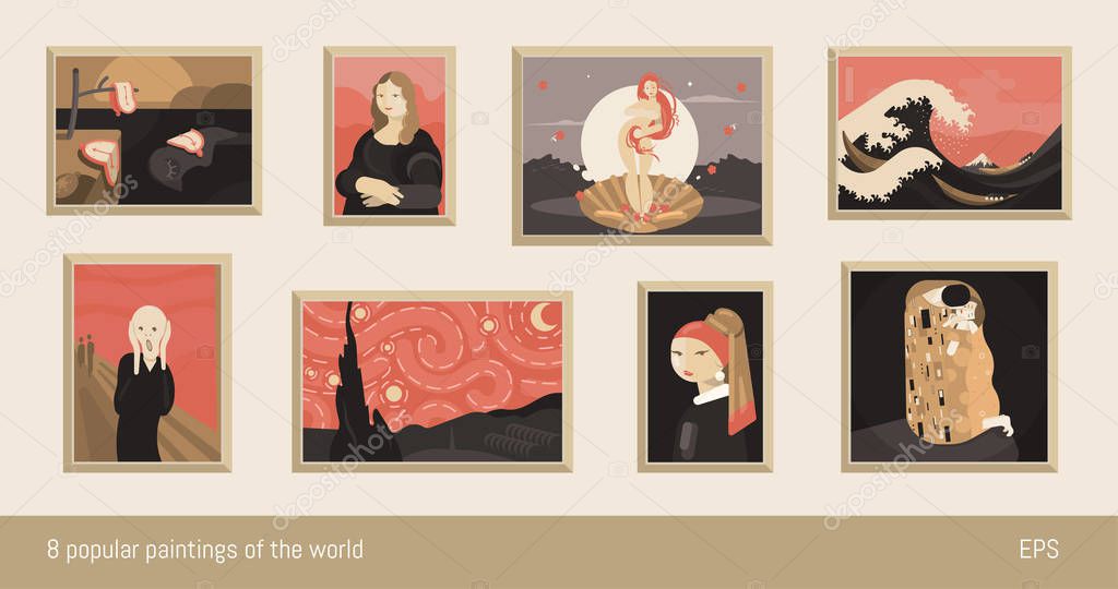 Set of 8 vector paintings, flat minimalism. Inspired by Dali, da Vinci, Botticelli, Hokusai, Munch, Van Gogh, Vermeer, and Klimt.