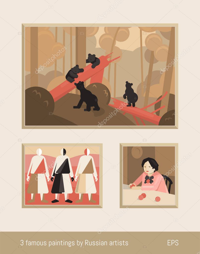 Set of 3 vector paintings, flat minimalism. Russian art. Inspired by Malevich, Shishkin and Serov.