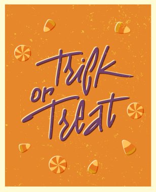 Eski tarz harflerle yazılmış Cadılar Bayramı posteri. Şeker mi şaka mı? Düz vektör illüstrasyonu.