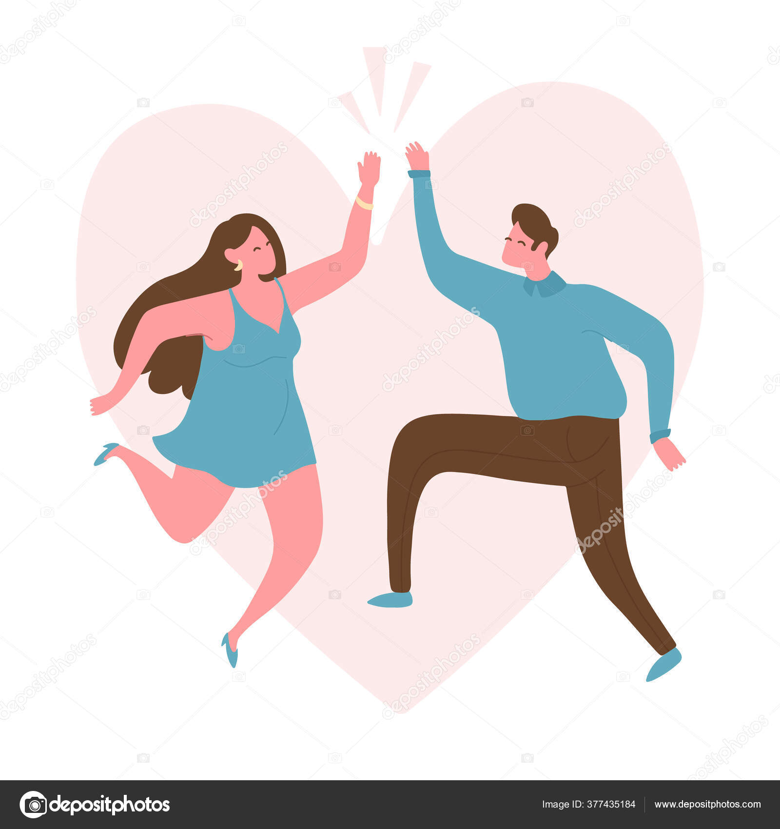 ジャンプで若いカップルは 高い5 ジェスチャーをします 自分や他の人への尊敬と愛 心を背景に フラット明るいベクトルイラスト ミニマルスタイル ストックベクター C Dotidrop