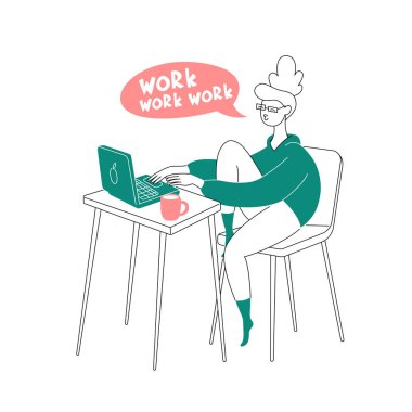 Serbest çalışan genç bir kız evde rahat bir şekilde bir dizüstü bilgisayarda çalışıyor ve kahve içiyor. Düz parlak vektör çizimi, minimum stil. El çizimi tasarım ögesi