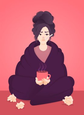A young sick girl with temperature sits wrapped up in a blanket and drinks warming tea. Thermometer in the mouth and scattered nasal wipes. Flat vector illustration. clipart