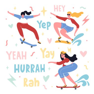 Kaykaycı kızlar sörf tahtasında numaralar yapar. Hayranlık ifadeleri. Düz parlak vektör çizimi, minimum stil. Tişört baskısı, kartpostal, pankart tasarımı ögesi.