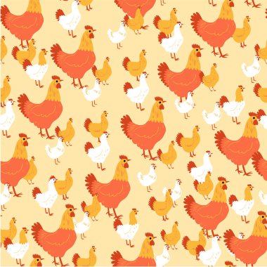 Kümes hayvanları ve horozlar kusursuz desenli. Paket kağıdı için ev ve çiftlik düz vektör çizimi